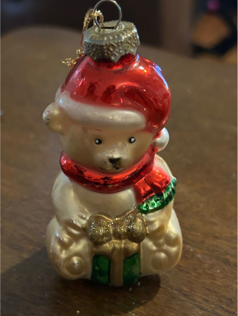 Vintage Glass Bear Christmas Ornament with Santa Hat and Gift
